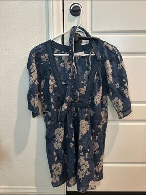 Dkny Navy Blue Floral V-Neck Blouse